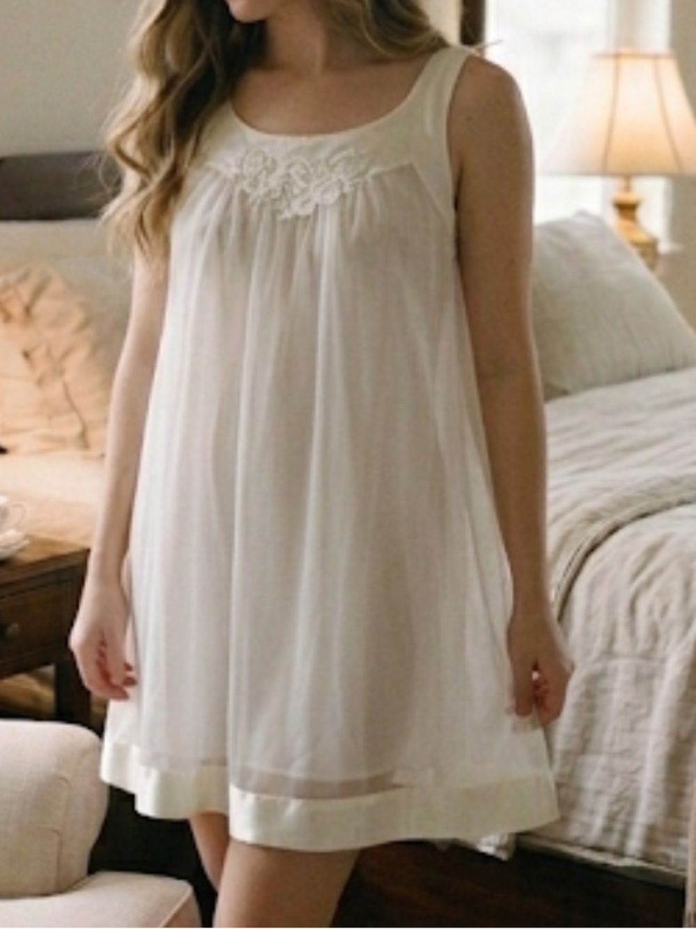 Gossard Artemis Nightgown Set Satin Trim 3/4 sleeve Sheer Ivory nightgown Sz MP - Picture 4 of 17